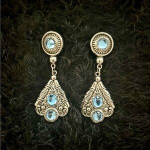 “Reflexions” Vintage (80’s) Ornate Silver & Blue Faux Gemstone Clip-On Earrings